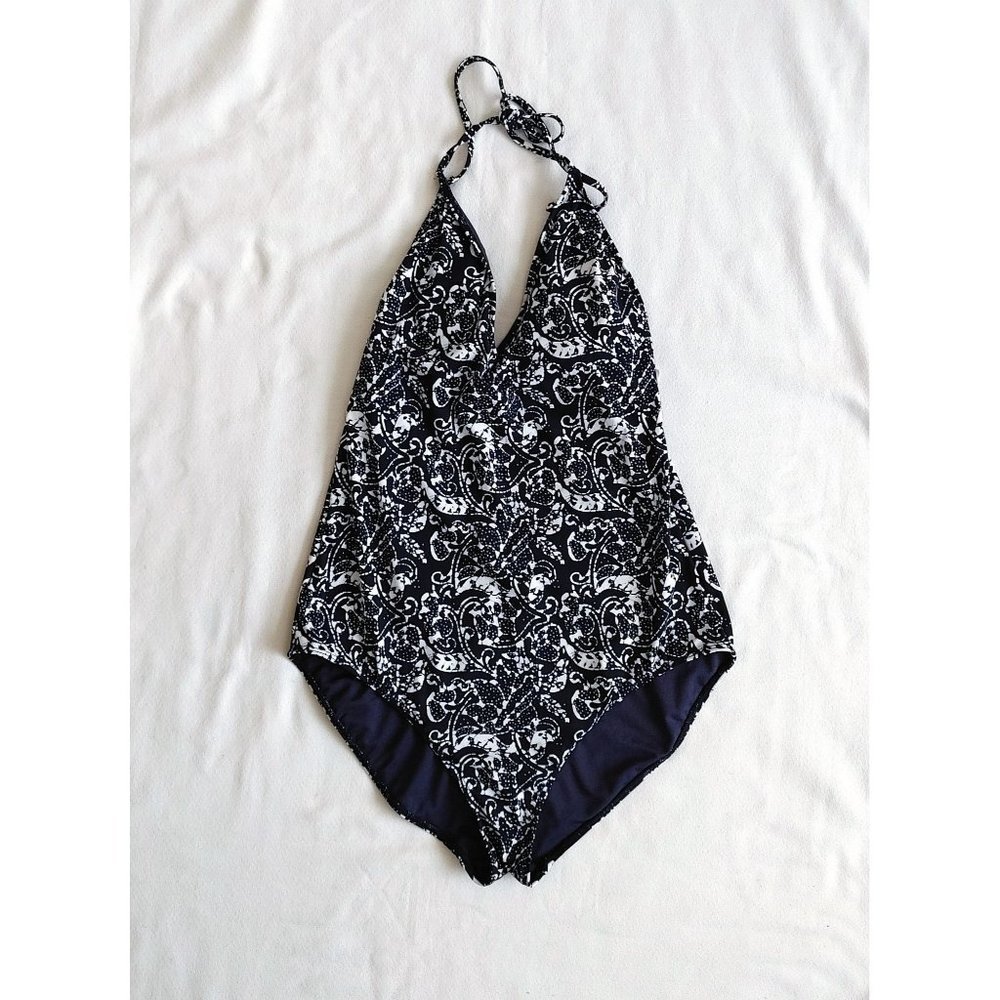 Gap Women's Triangle Halter One Piece Bathing Suit Size Large Blue White Printed